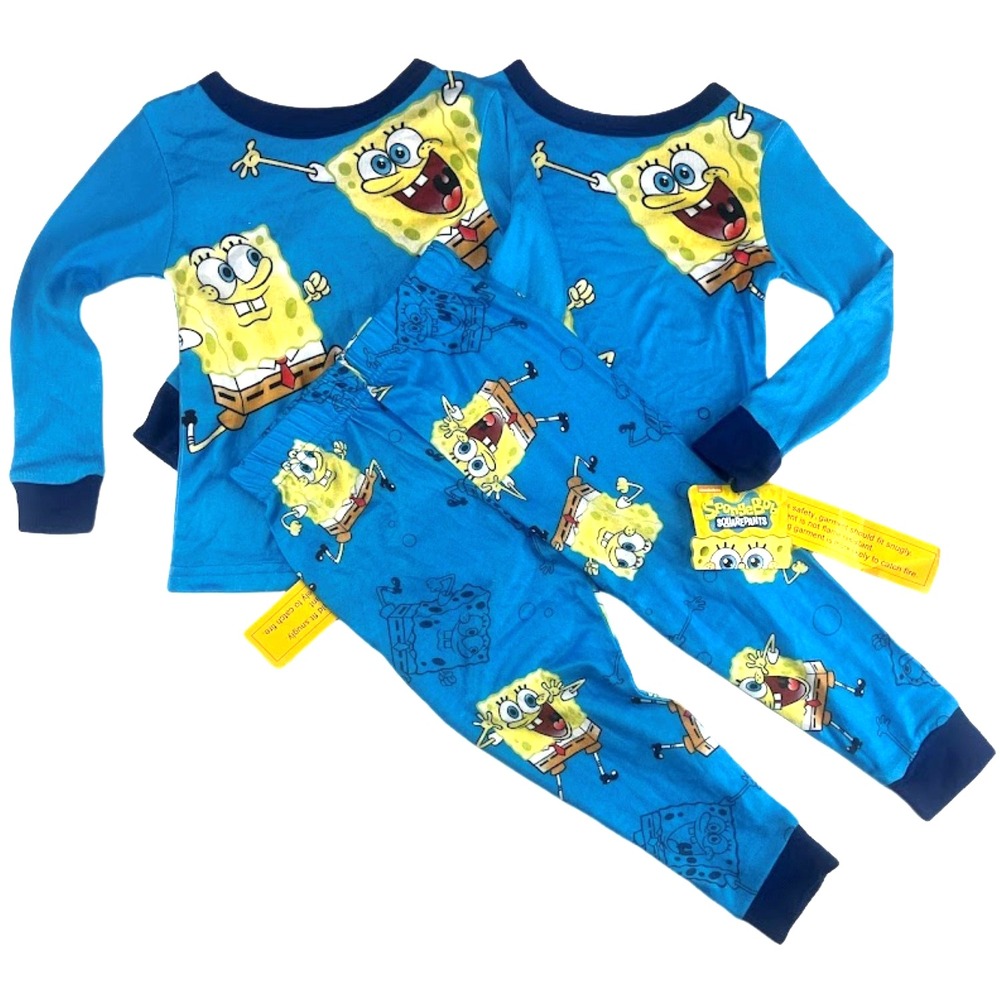 Boys Spongebob Square Pants Pajama Set Sz 4 Long Sleeve Soft Blue 3pc NWT